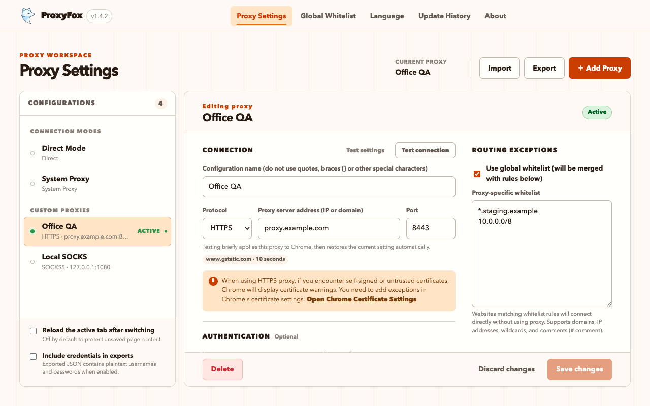 ProxyFox proxy profile management interface